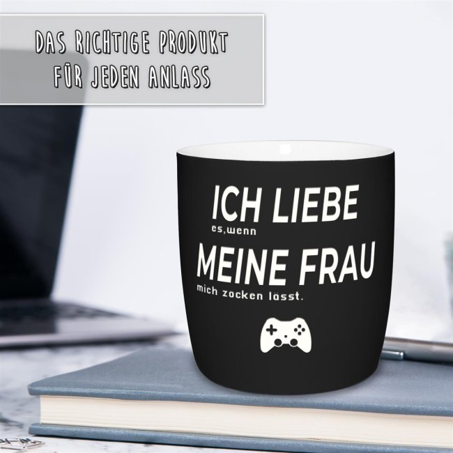 Tasse mit Lasergravur - Ich liebe meine Frau, zocken - Schwarz