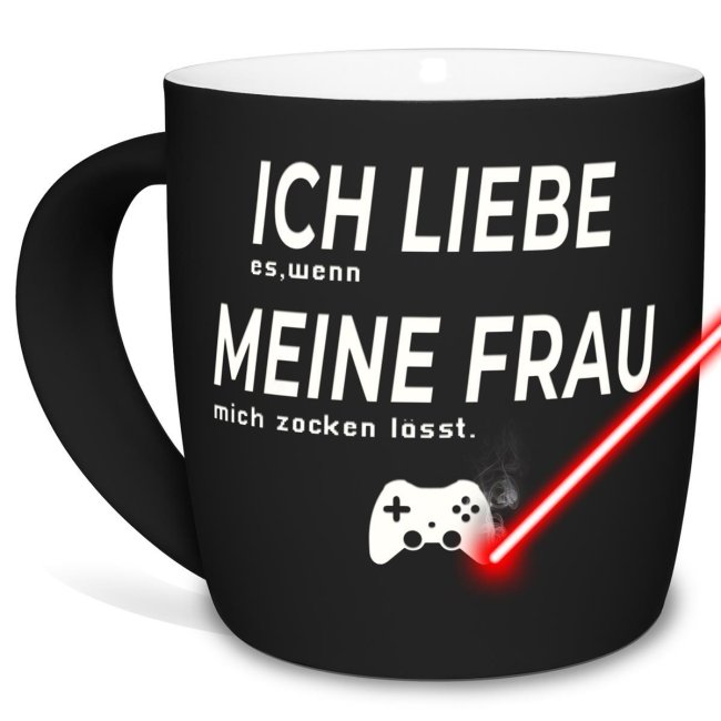 Tasse mit Lasergravur - Ich liebe meine Frau, zocken - Schwarz