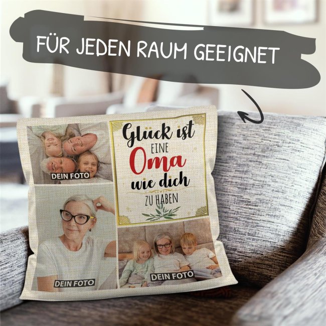 Kissen in Leinenoptik f&uuml;r Frauen - Gl&uuml;ck ist - Oma