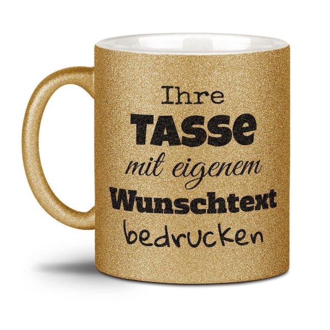 Glitzertasse selbst gestalten mit Wunschtext - Gelbgold - Links &amp; Rechts vom Henkel bedruckt
