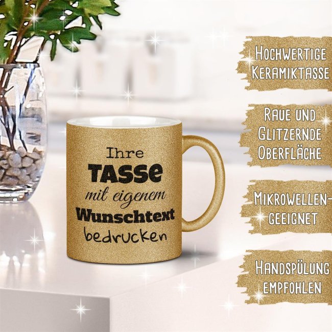 Glitzertasse selbst gestalten mit Wunschtext - Gelbgold - Links &amp; Rechts vom Henkel bedruckt