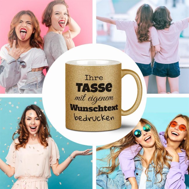 Glitzertasse selbst gestalten mit Wunschtext - Gelbgold - Links &amp; Rechts vom Henkel bedruckt