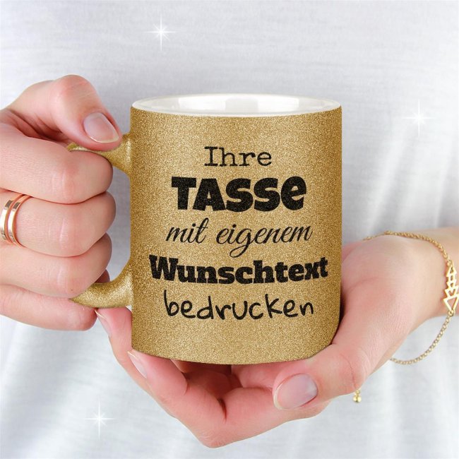 Glitzertasse selbst gestalten mit Wunschtext - Gelbgold - Links &amp; Rechts vom Henkel bedruckt