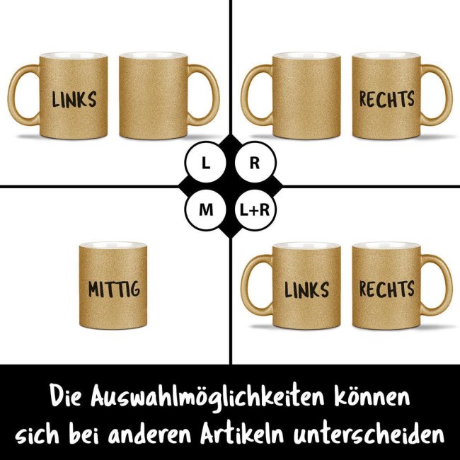 Glitzertasse selbst gestalten mit Wunschtext - Gelbgold - Links &amp; Rechts vom Henkel bedruckt