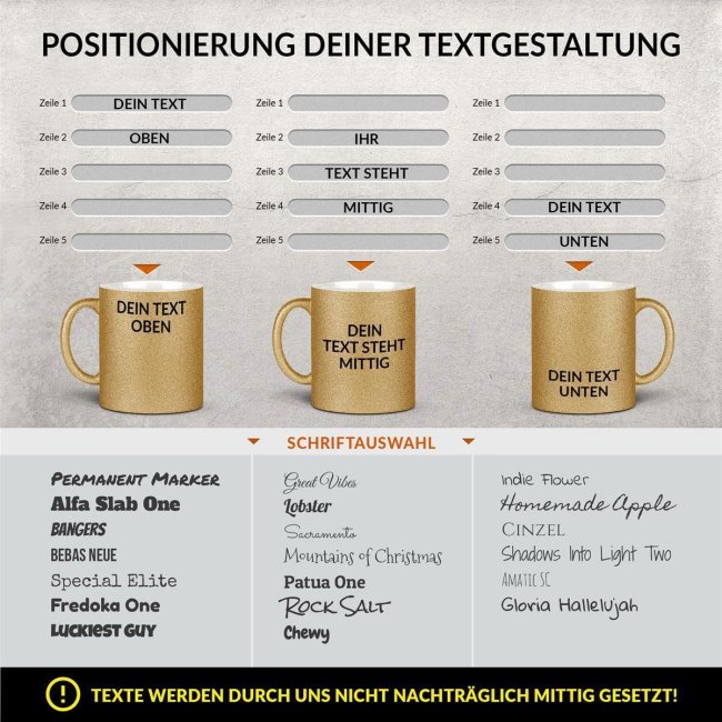 Glitzertasse selbst gestalten mit Wunschtext - Gelbgold - Links &amp; Rechts vom Henkel bedruckt
