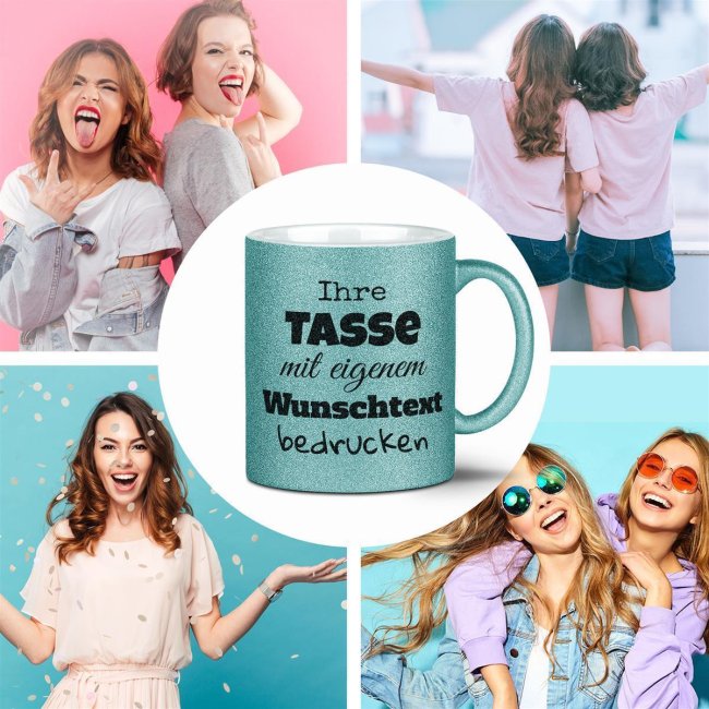 Glitzertasse selbst gestalten mit Wunschtext - Hellblau - Mittig gegen&uuml;ber vom Henkel bedruckt