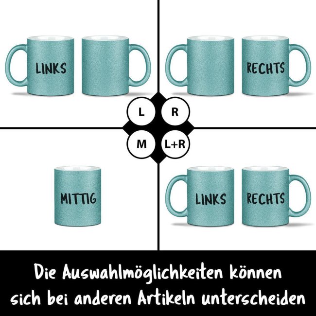 Glitzertasse selbst gestalten mit Wunschtext - Hellblau - Mittig gegen&uuml;ber vom Henkel bedruckt