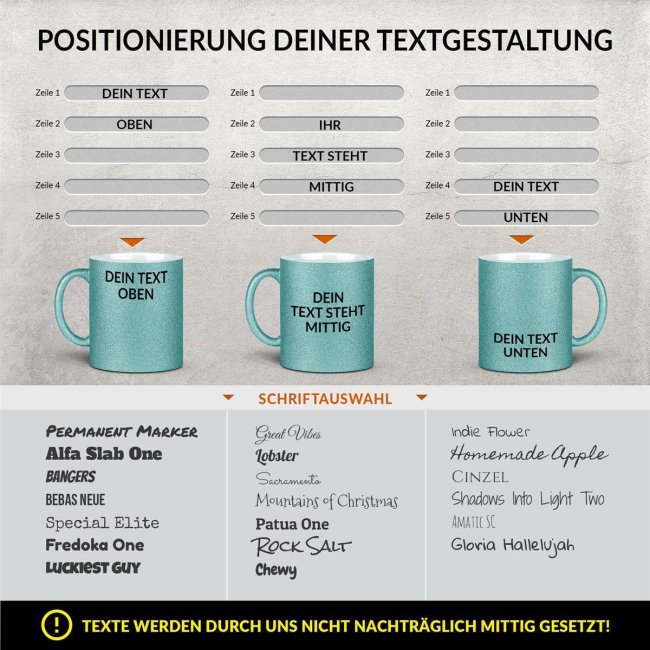 Glitzertasse selbst gestalten mit Wunschtext - Hellblau - Mittig gegen&uuml;ber vom Henkel bedruckt