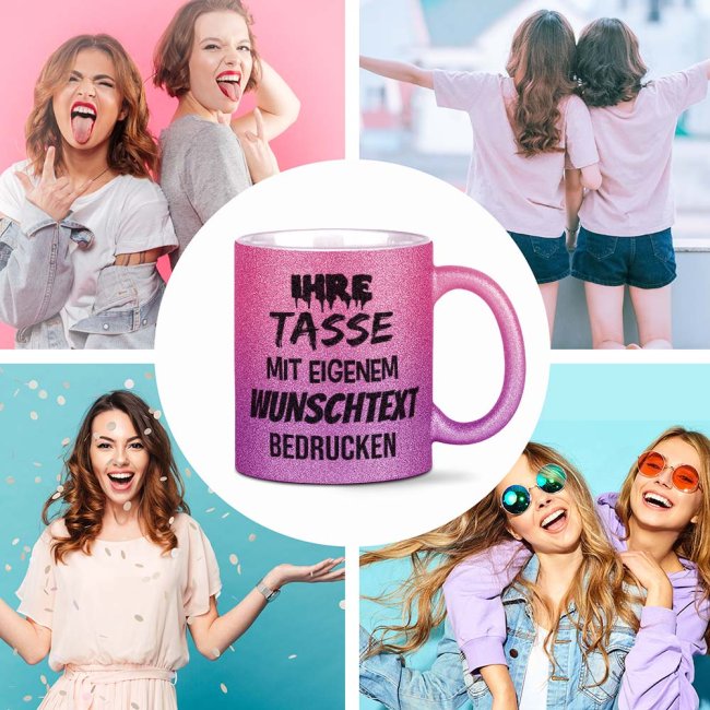 Tasse mit Glitzer - mit Text selbst gestalten - Verlauf Rosa-Pink - Mittig gegen&uuml;ber vom Henkel bedruckt