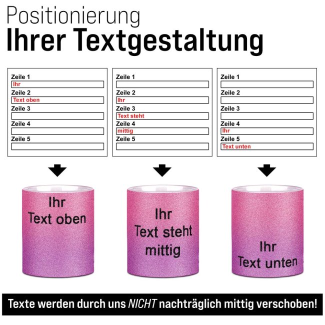 Tasse mit Glitzer - mit Text selbst gestalten - Verlauf Rosa-Pink - Mittig gegen&uuml;ber vom Henkel bedruckt