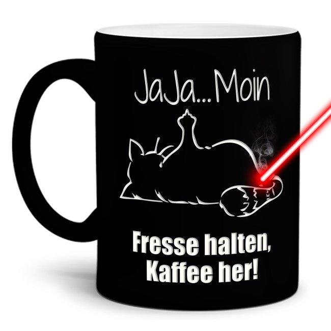 Tasse mit Gravur - Jaja Moin - Fresse halten, Kaffee her! - Schwarz