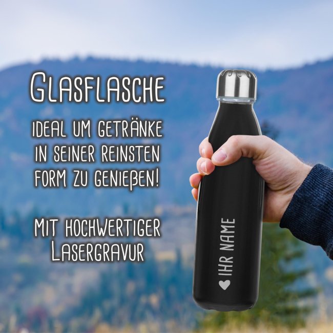 Glas-Trinkflasche schwarz mit Name &amp; Symbol gravieren - 650 ml