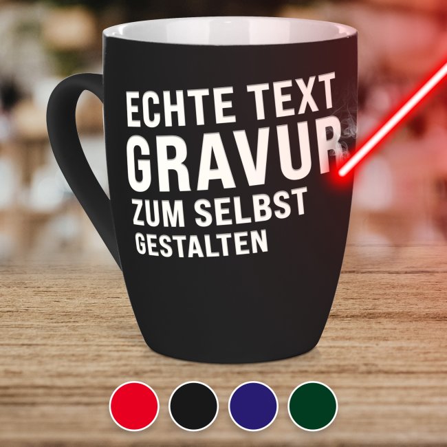 Gummierte, schmale Tasse mit Textgravur