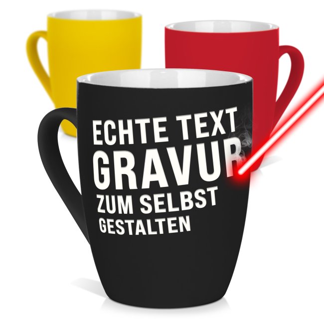 Gummierte, schmale Tasse mit Textgravur