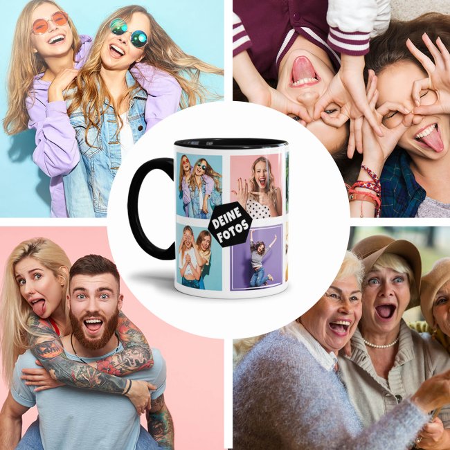 Tasse mit Fotocollage f&uuml;r 10 Fotos - Innen &amp; Henkel Schwarz