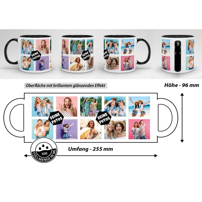 Tasse mit Fotocollage f&uuml;r 10 Fotos - Innen &amp; Henkel Schwarz