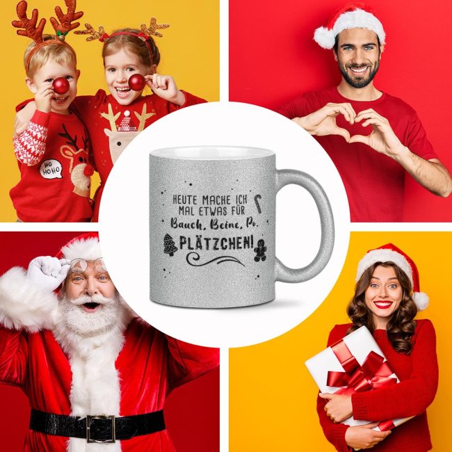 Glitzertasse Weihnachten - Bauch, Beine, Po &amp; Pl&auml;tzchen! - Silber