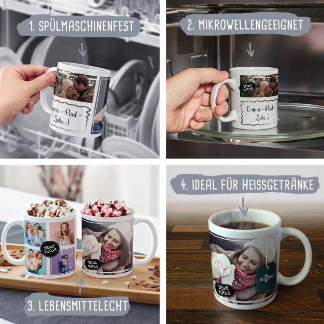 Tasse mit Fotocollage und Wunschtext - 2 Fotos - Innen &amp; Henkel Dunkelgr&uuml;n