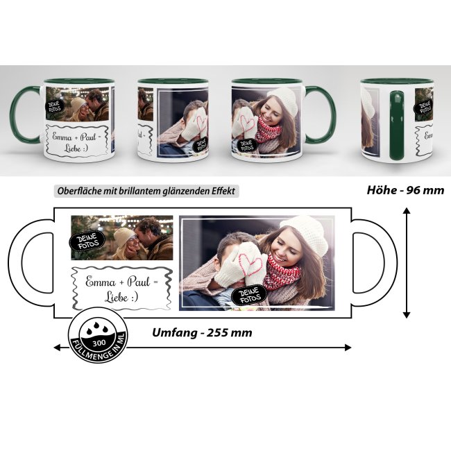 Tasse mit Fotocollage und Wunschtext - 2 Fotos - Innen &amp; Henkel Dunkelgr&uuml;n