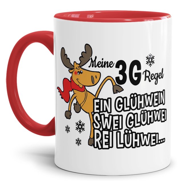 Weihnachtstasse 3G-Regel - Ein Gl&uuml;hwein, Swei Gl&uuml;hwei, Rei L&uuml;hwei - Innen &amp; Henkel Rot