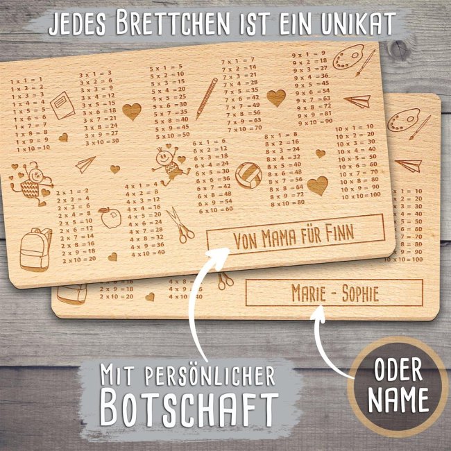 Holzbrettchen mit Gravur  - Einmaleins - personalisierbar mit Name