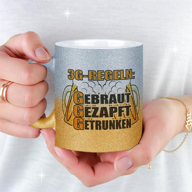 Glitzertasse - 3G-Regeln Bier Silber-Gold