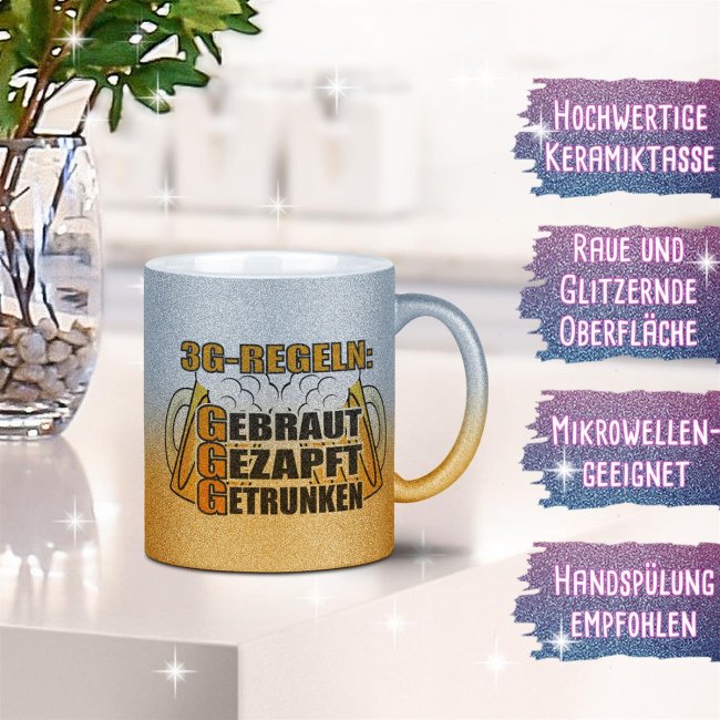 Glitzertasse - 3G-Regeln Bier Silber-Gold