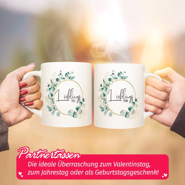 Partner-Tasse - LieblingsFrau,Mann - mit Name - 2er-Set mit Herzhenkel