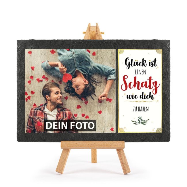 Bedruckte Schieferplatte mit Foto auf Staffelei f&uuml;r den Schatz