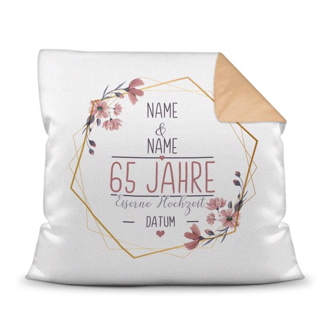 Hochzeitstag Kissen - Eiserne Hochzeit - mit Name &amp; Datum - R&uuml;ckseite Mokka