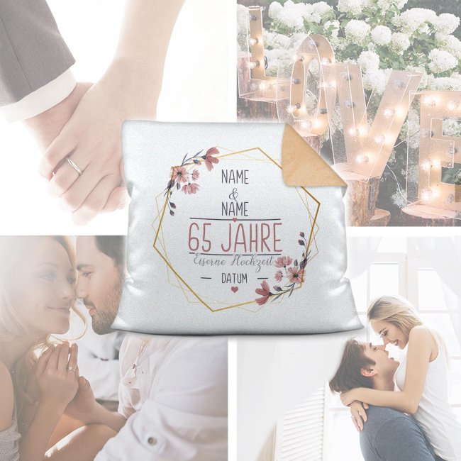 Hochzeitstag Kissen - Eiserne Hochzeit - mit Name &amp; Datum - R&uuml;ckseite Mokka