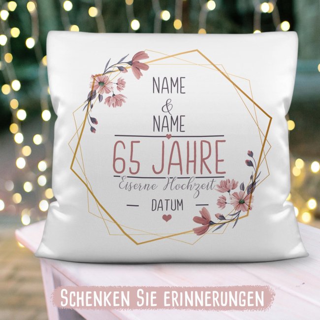 Hochzeitstag Kissen - Eiserne Hochzeit - mit Name &amp; Datum - R&uuml;ckseite Mokka