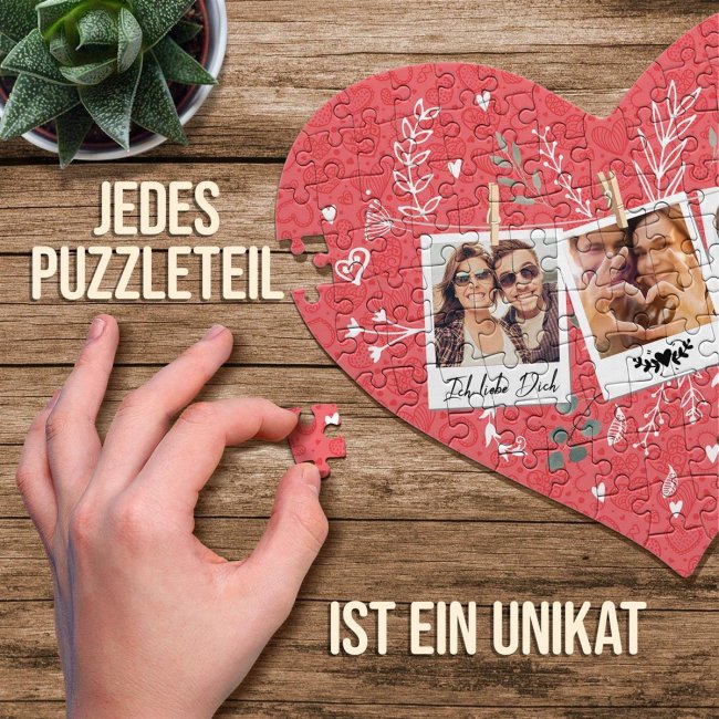 Herz Puzzle mit drei Fotos und Namen gestalten im Polaroid-Design