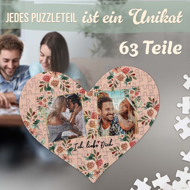 Herz Puzzle mit zwei Fotos - Ich liebe dich - 63 Teile in der Metalldose