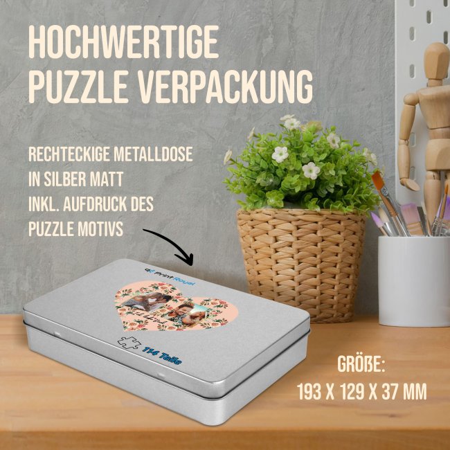 Herz Puzzle mit zwei Fotos - Ich liebe dich - 114 Teile in der Metalldose