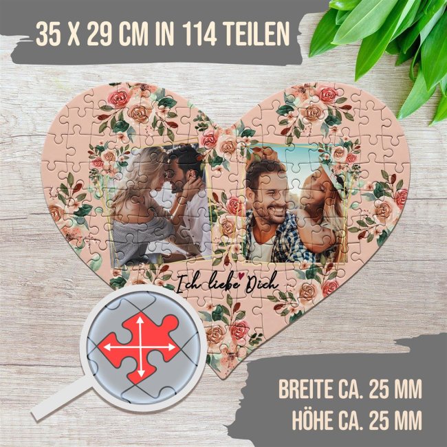 Herz Puzzle mit zwei Fotos - Ich liebe dich - 114 Teile in der Metalldose