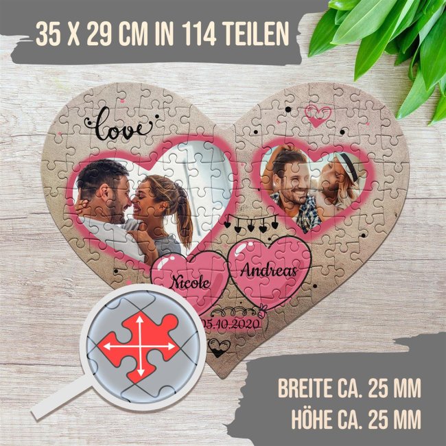 Herz Puzzle mit zwei Fotos, Namen und Datum - Love - 114 Teile in der Metalldose
