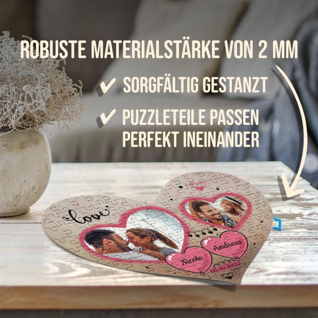 Herz Puzzle mit zwei Fotos, Namen und Datum - Love - 114 Teile in der Metalldose