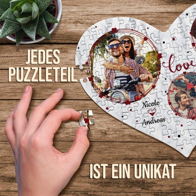 Herz Puzzle - Love - mit drei Fotos, Namen und Datum gestalten