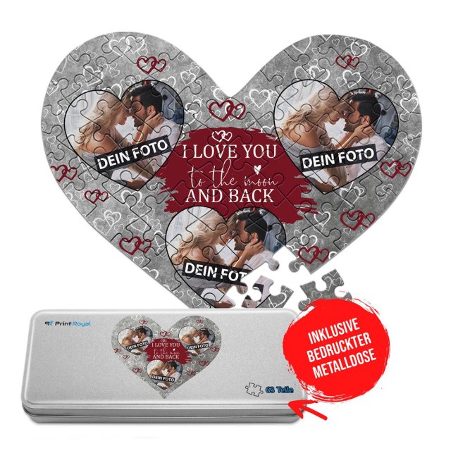 Herz Puzzle mit drei Fotos - I love you - 63 Teile in der Metalldose