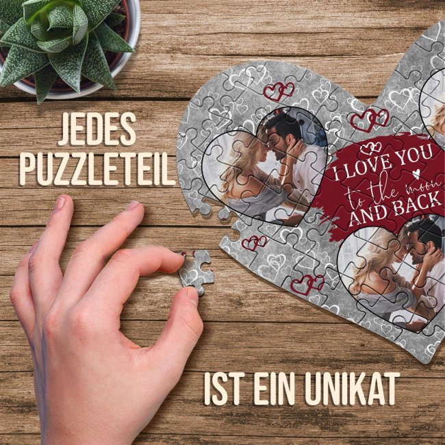 Herz Puzzle mit drei Fotos - I love you - 63 Teile in der Metalldose