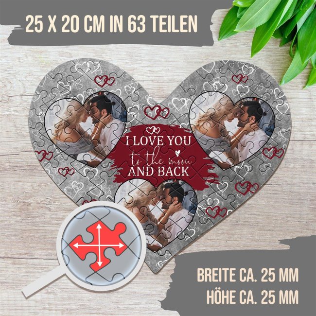 Herz Puzzle mit drei Fotos - I love you - 63 Teile in der Metalldose