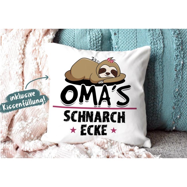 Kissen mit Spruch f&uuml;r Oma - Omas Schnarch-Ecke - R&uuml;ckseite Pink