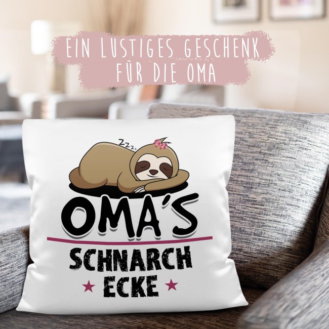 Kissen mit Spruch f&uuml;r Oma - Omas Schnarch-Ecke - R&uuml;ckseite Pink