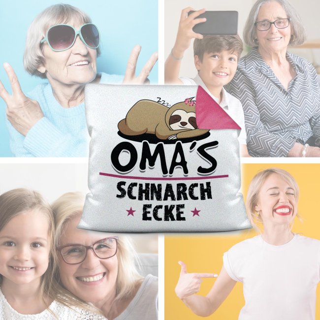 Kissen mit Spruch f&uuml;r Oma - Omas Schnarch-Ecke - R&uuml;ckseite Pink