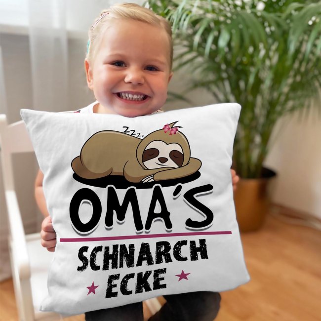 Kissen mit Spruch f&uuml;r Oma - Omas Schnarch-Ecke - R&uuml;ckseite Pink