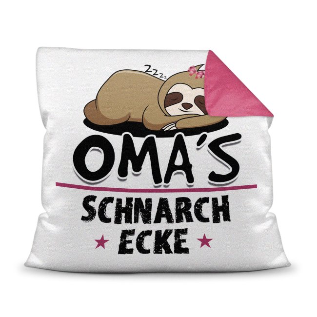 Kissen mit Spruch f&uuml;r Oma - Omas Schnarch-Ecke - R&uuml;ckseite Pink