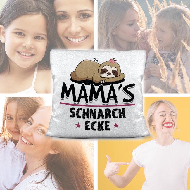 Kissen mit Spruch f&uuml;r Mama - Mamas Schnarch-Ecke - Wei&szlig; flauschig