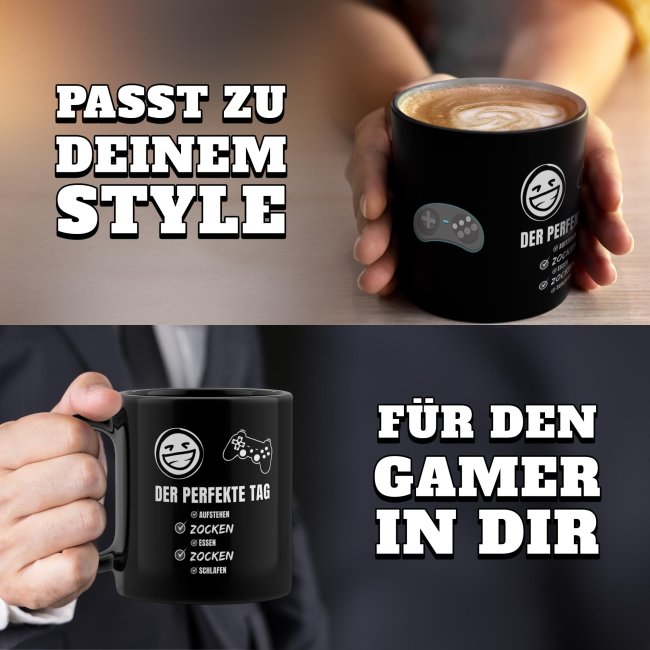 Schwarze Tasse mit Gamer-Spruch - Der perfekte Tag