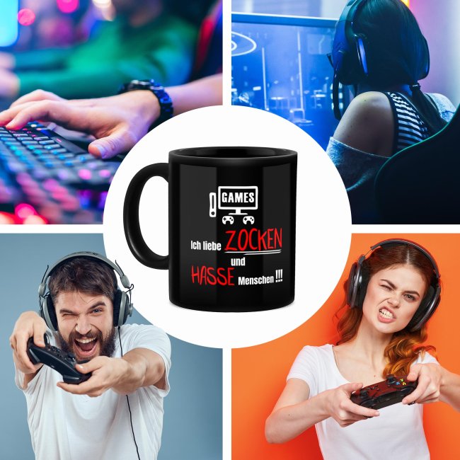 Schwarze Tasse mit Gamer-Spruch - Ich liebe Zocken &amp; hasse Menschen